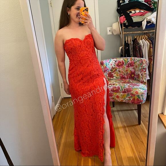 Fame and Partners Red Lace Strapless Maxi Dress Small - Picture 4 of 12